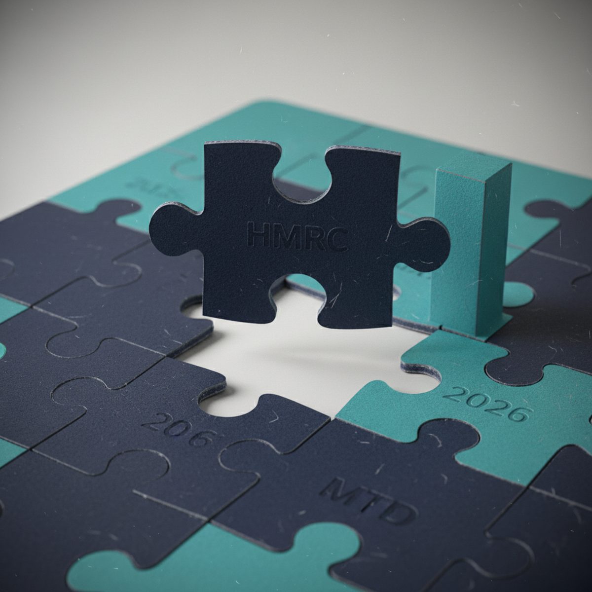 Jigsaw puzzle in navy and teal with HMRC, MTD and 2026 embossed on pieces, representing the final MTD regulations slotting into place
